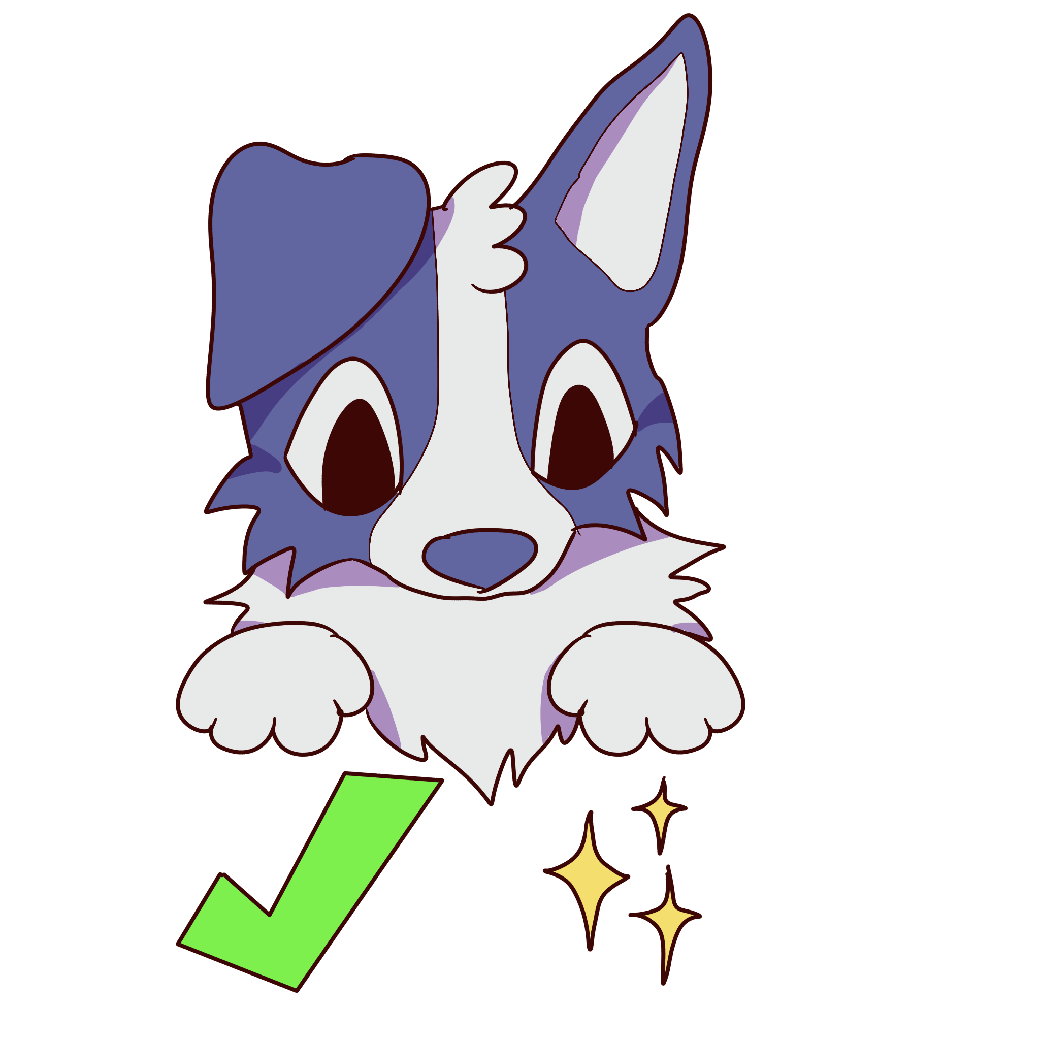 a blue dog with its paws hovering over a green check mark and yellow sparkles